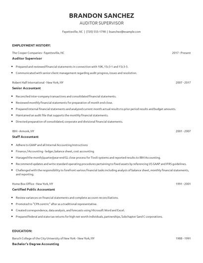 Auditor Supervisor Resume