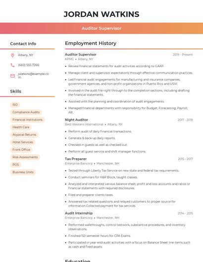 Auditor Supervisor Resume