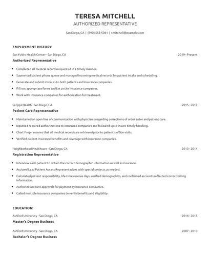 Authorized Representative Resume
