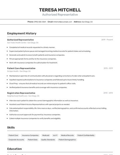 Authorized Representative Resume