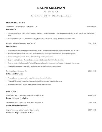 Autism Tutor Resume