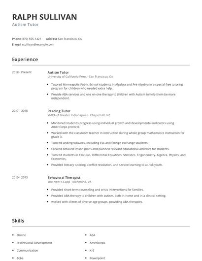 Autism Tutor Resume