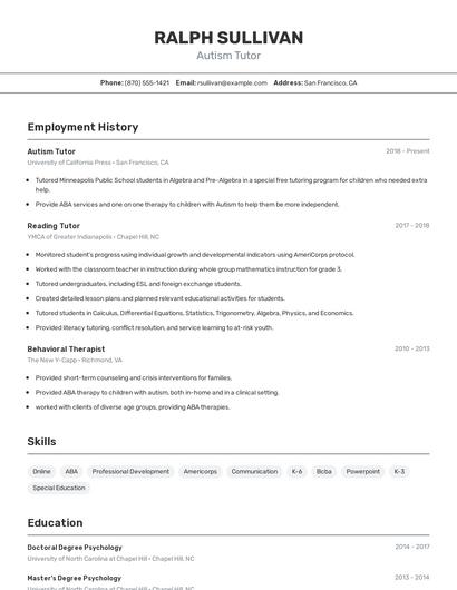 Autism Tutor Resume