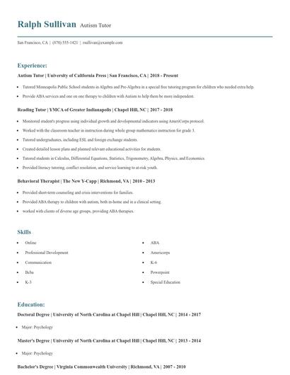 Autism Tutor Resume