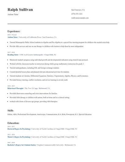 Autism Tutor Resume