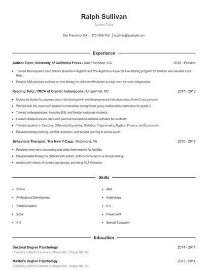 Autism Tutor Resume