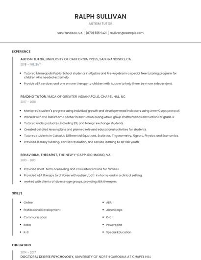 Autism Tutor Resume