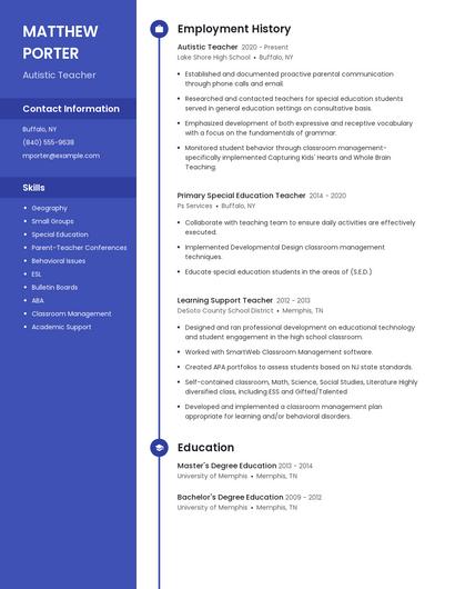 Autistic Teacher Resume