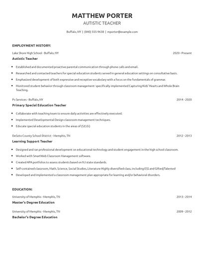 Autistic Teacher Resume