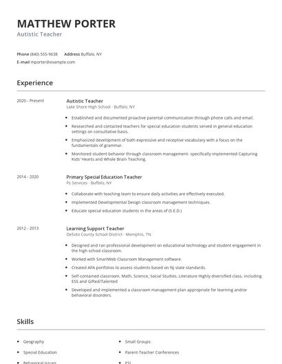 Autistic Teacher Resume