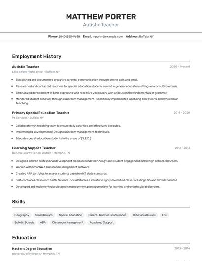 Autistic Teacher Resume