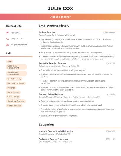 Autistic Teacher Resume