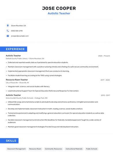 Autistic Teacher Resume