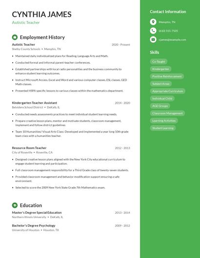 Autistic Teacher Resume