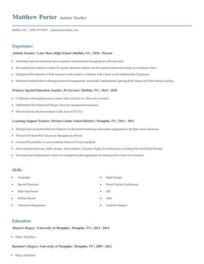 Autistic Teacher Resume