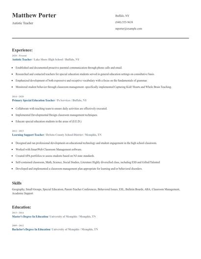 Autistic Teacher Resume