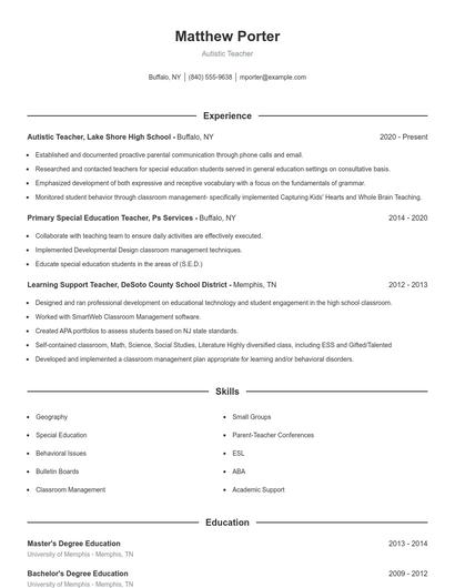 Autistic Teacher Resume