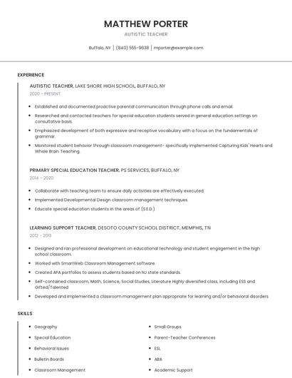 Autistic Teacher Resume