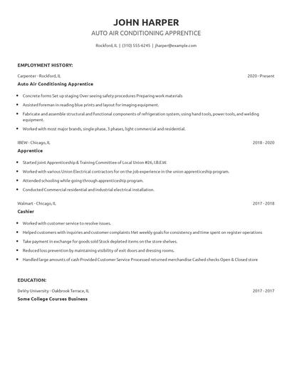 Auto Air Conditioning Apprentice Resume