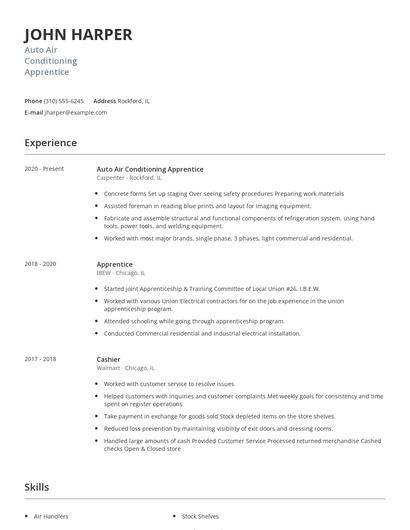 Auto Air Conditioning Apprentice Resume