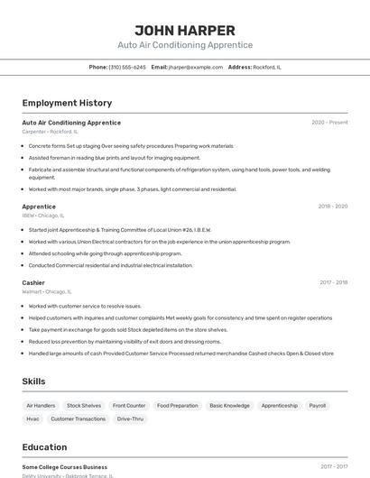 Auto Air Conditioning Apprentice Resume