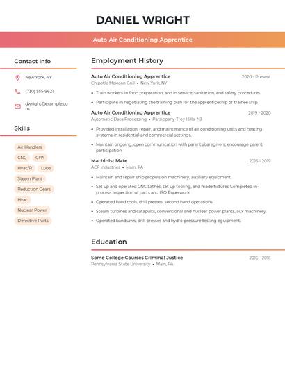 Auto Air Conditioning Apprentice Resume