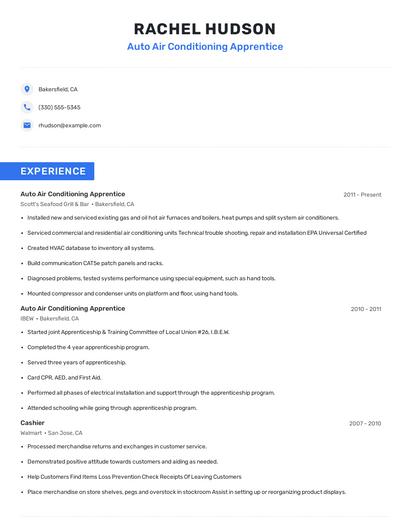Auto Air Conditioning Apprentice Resume