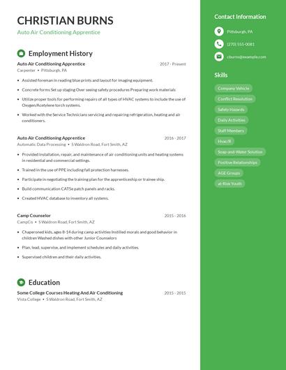 Auto Air Conditioning Apprentice Resume