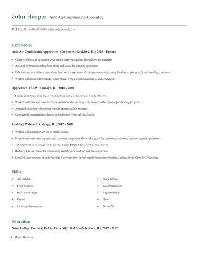Auto Air Conditioning Apprentice Resume