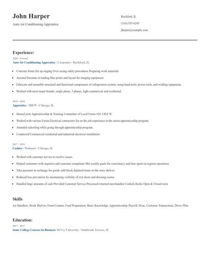 Auto Air Conditioning Apprentice Resume