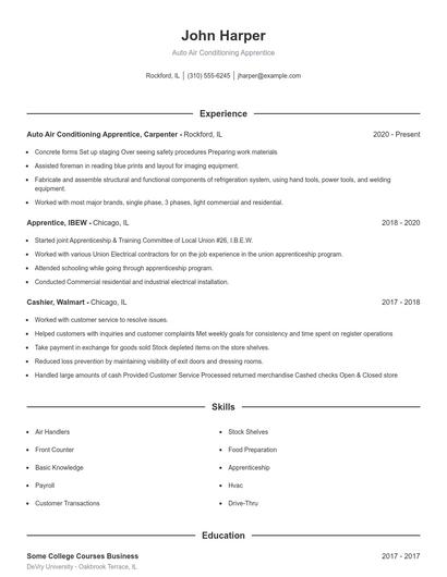 Auto Air Conditioning Apprentice Resume
