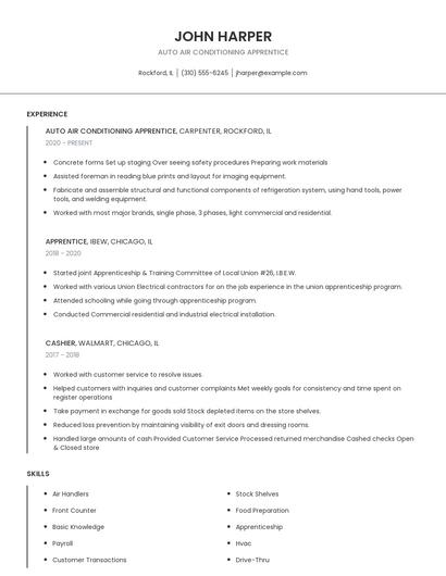 Auto Air Conditioning Apprentice Resume