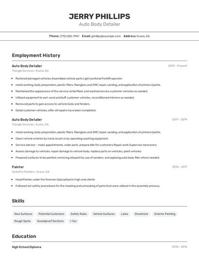 Auto Body Detailer Resume