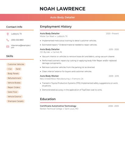 Auto Body Detailer Resume