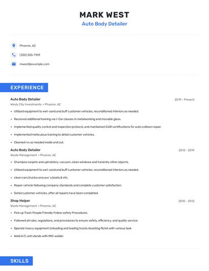 Auto Body Detailer Resume