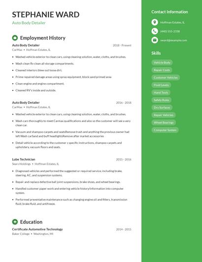 Auto Body Detailer Resume