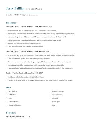 Auto Body Detailer Resume