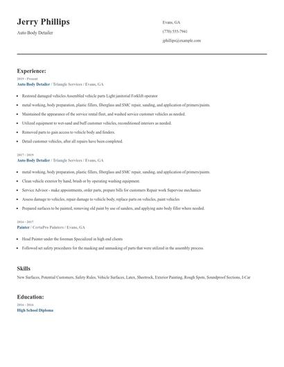 Auto Body Detailer Resume