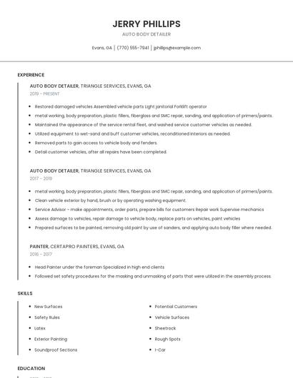 Auto Body Detailer Resume