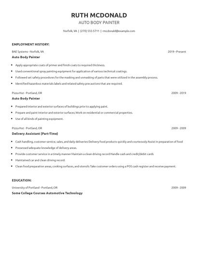 Auto Body Painter Resume