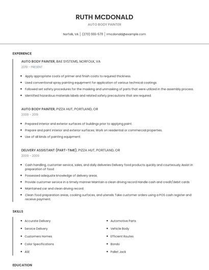 Auto Body Painter Resume