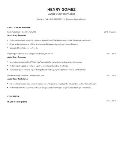 Auto Body Repairer Resume