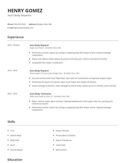 Auto Body Repairer Resume