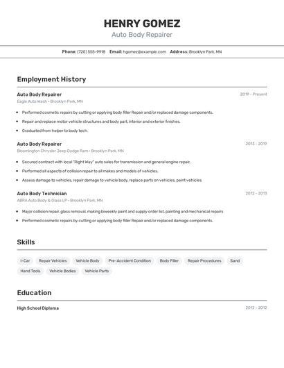 Auto Body Repairer Resume