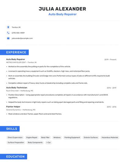 Auto Body Repairer Resume
