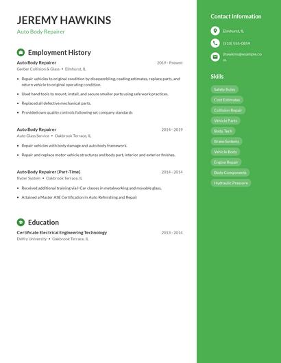 Auto Body Repairer Resume