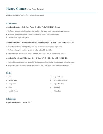 Auto Body Repairer Resume
