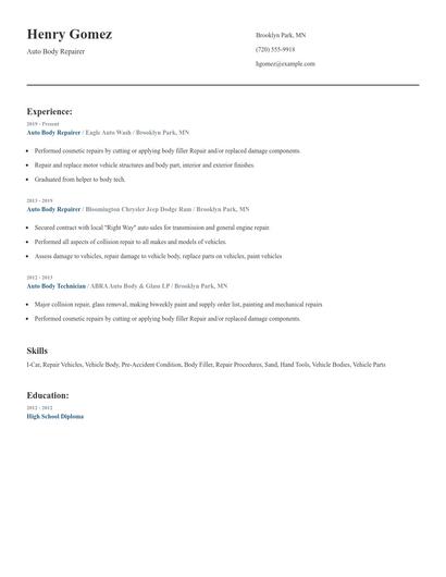 Auto Body Repairer Resume