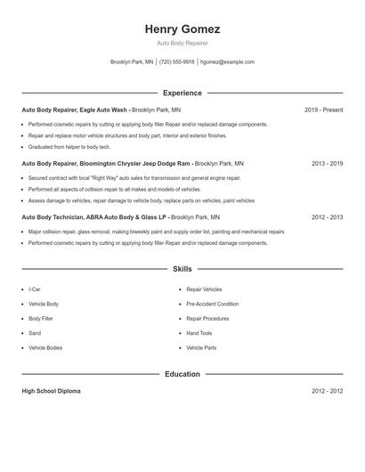 Auto Body Repairer Resume