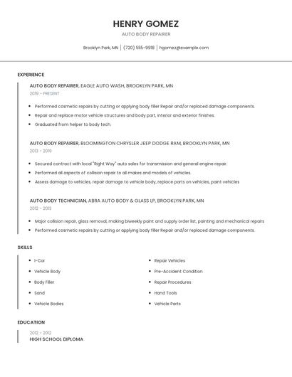 Auto Body Repairer Resume